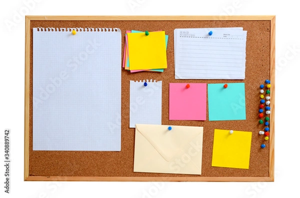 Fototapeta Blank notes pinned into brown corkboard