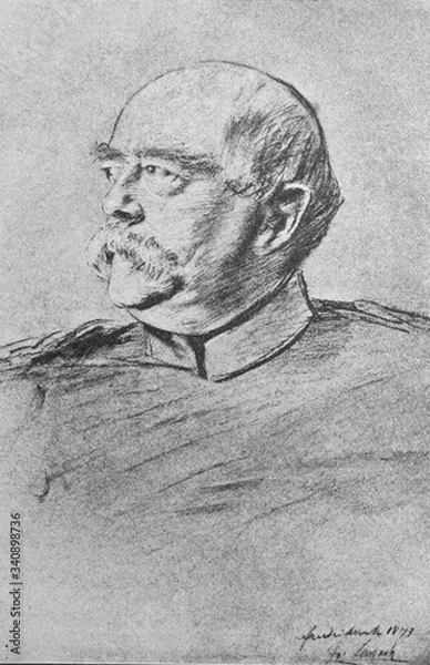 Fototapeta The Otto von Bismarck's portrait by a painter Franz von Lenbach in the old book the History of Painting, by R. Muter, 1887, St. Petersburg