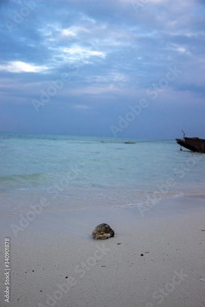 Obraz A portrait shot of rock on white sandy beach and clear blue sky