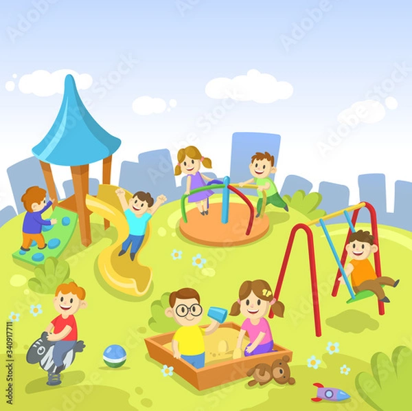 Fototapeta Happy kids playing in the park on bright cityscape with clouds in the sky. Childhood, playground, fun. Cartoon flat vector illustration.