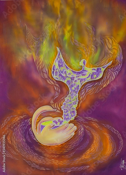 Obraz  Two hands on a lilac-orange background hold a cup of tea, from which comes the figure of a man in a colorful coat.