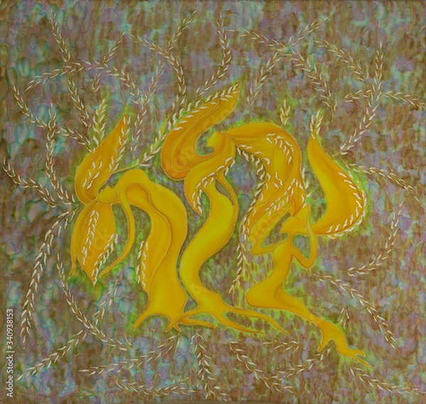 Obraz  Three yellow figures, similar to women with long hair, dance on a motley background