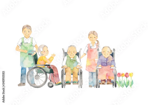 Obraz 老人ホームと介護士とチューリップ
