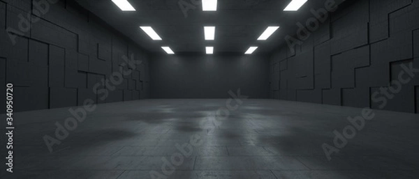 Obraz 3d rendering futurystycznej ciemnej betonowej przestrzeni podziemnej ze światłami