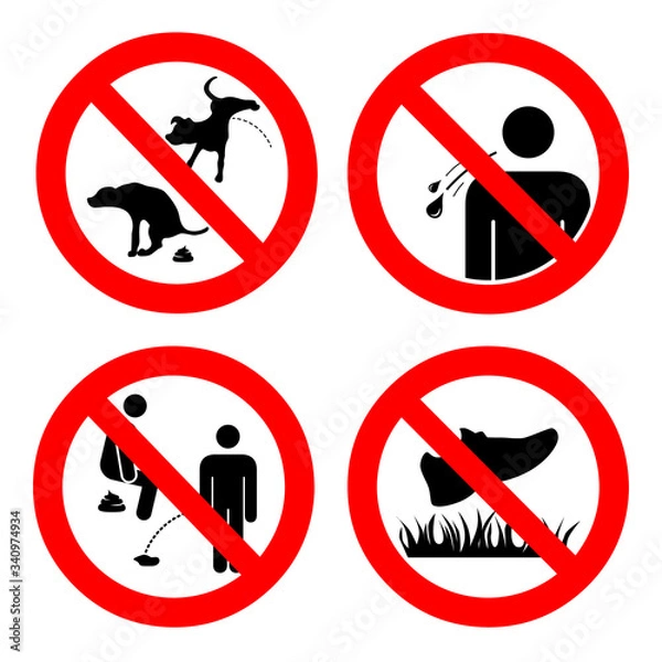 Obraz No pooping and peeing people and pets, do not walk on lawns, no spitting sign. Collection of symbols. Vector illustration isolated on white. For outdoors and public places