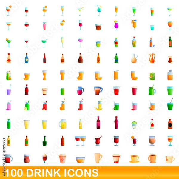 Fototapeta 100 drink icons set. Cartoon illustration of 100 drink icons vector set isolated on white background