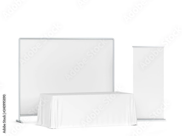 Obraz Blank tradeshow tablecloth with roll-up banners aside