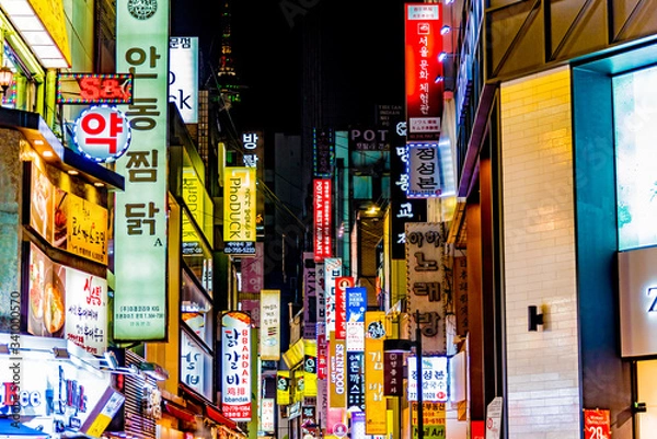 Fototapeta Neon lights in the night of the city of Seoul in South Korea