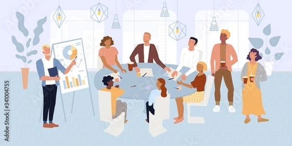 Fototapeta Bearded man standing near flipchart, making presentation before colleagues, investors sitting at round desk in office. Business meeting, negotiation, teamwork, brainstorming vector flat illustration.