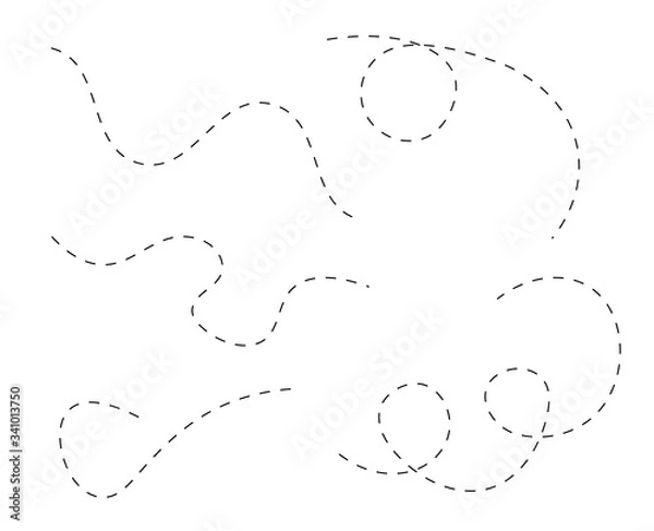 Fototapeta Path travel dotted line trip dashed trace transportation track and silhouette, travelling symbol vector illustration