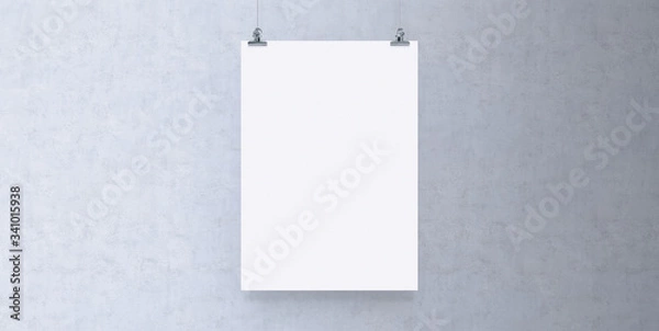Fototapeta Blank white paper hanging on brick wall. Poster clips empty template mockup.