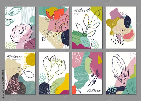Fototapeta Vector collection of eight trendy creative cards with hand drawn floral elements, flowers and different textures.