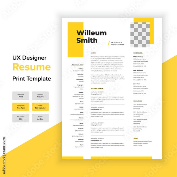 Obraz Minimal Resume and Cover Letter Template Layout with Yellow color. UX designer & Graphic designer resume template.
