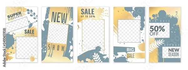 Fototapeta Stories. Personal blog social networks posts, trendy editable media stories, cover frame background with gold texture vector set