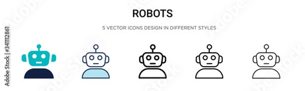 Obraz Ikona robotów w stylu wypełnionej, cienkiej linii, konturu i obrysu. Ilustracja wektorowa dwóch kolorowych i czarnych robotów ikon wektorowych projektów może być używana do telefonów komórkowych, interfejsu użytkownika,