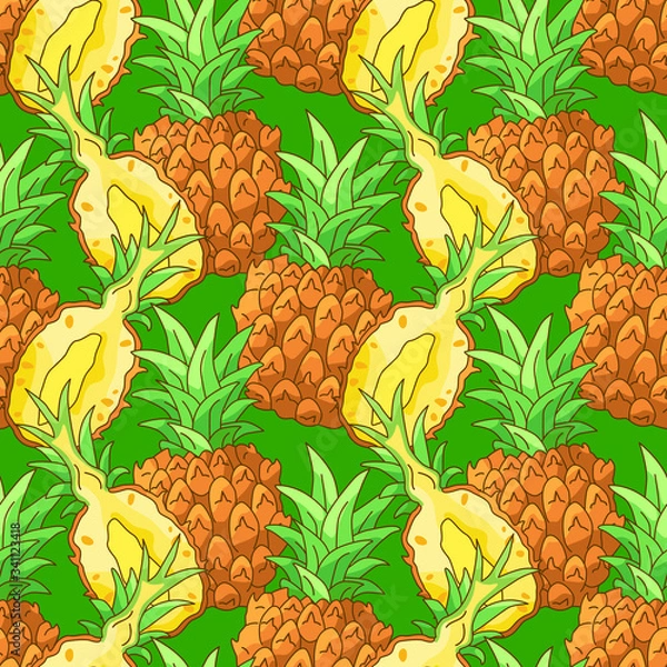 Obraz Overlayed pineapple on green backdrop. Tropical fruits seamless pattern for wrap paper, sleeper, bath tile, apparel or bed linen. Phone case or cloth print art. Drawn style stock vector illustration