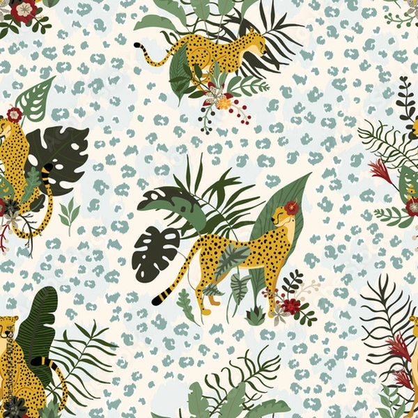 Fototapeta Seamless pattern with wild jungle cheetahs’ animals in different poses and exotics floral and leaves. Tropical cats with leopard print skin. Great for wrap paper, wallpapers, web, surface textile