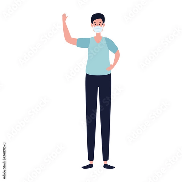 Fototapeta young man using face mask with hand up vector illustration design