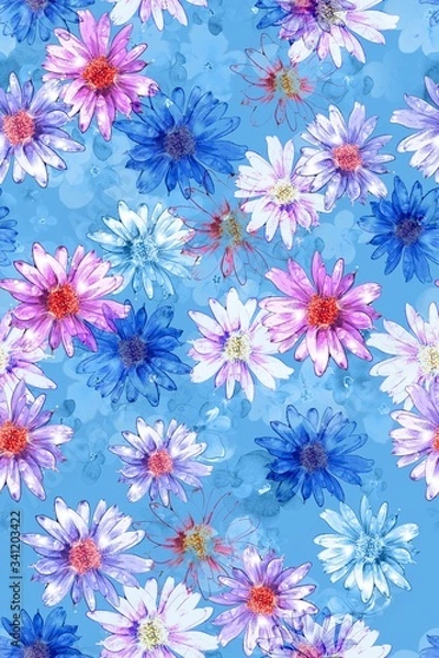 Fototapeta Illustration with seamless pattern floral design. Beautiful seamless pattern on coloured background with tropical flowers and plants. Composition with hibiscus and leaves. Stylish print for textile