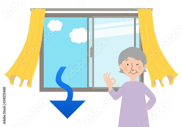 Obraz 窓を開けて空気の換気をするおばあちゃんのベクターイラスト
