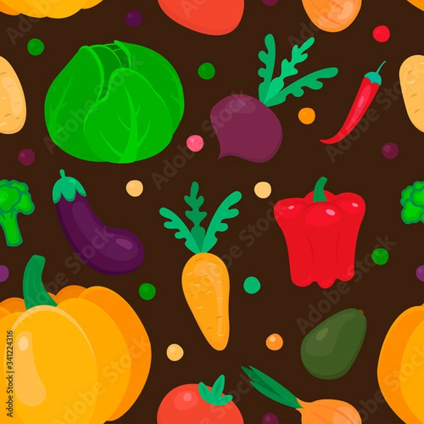 Fototapeta cute vegetables flat seamless pattern on brown background