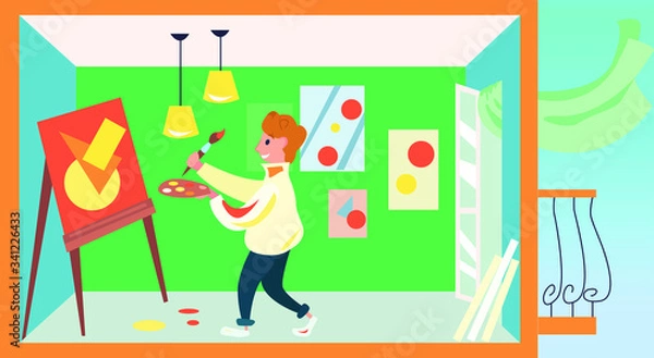 Fototapeta Vector illustration of the man painting during corona virus quarantine