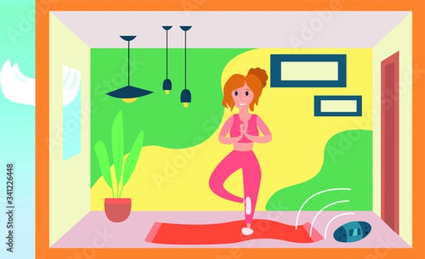 Fototapeta Vector illustration of the girl making yoga during corona virus quarantine