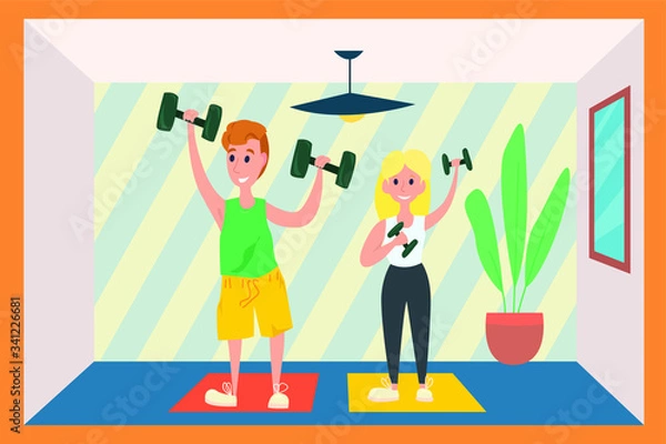 Fototapeta vector illustration of a man and woman doing fitness during corona virus isolation