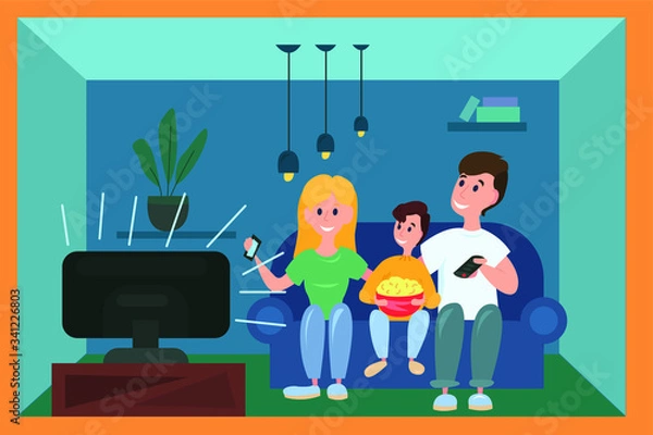 Fototapeta vector illustration of a family watching TV during corona virus isolation