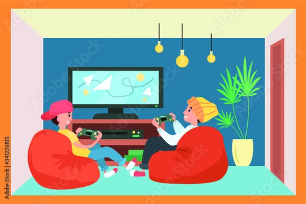 Fototapeta vector illustration of a guys playing console games during corona virus isolation