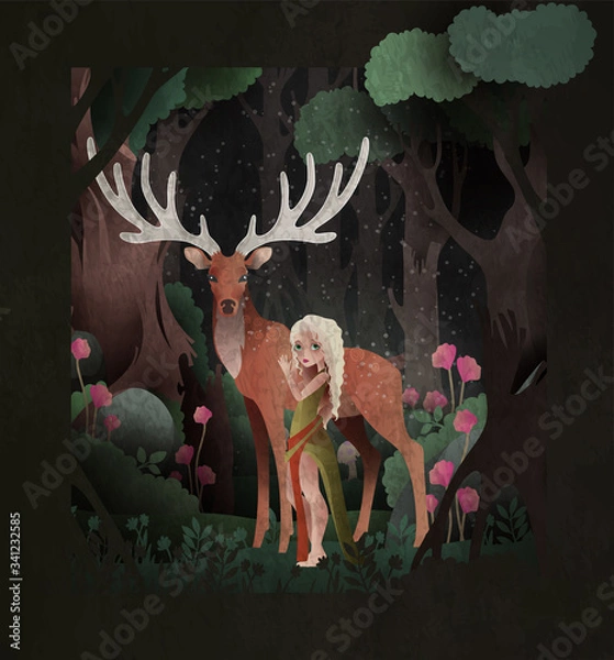 Obraz Bajkowa ilustracja dziewczyna i król jeleń przed ciemnym magicznym lasem