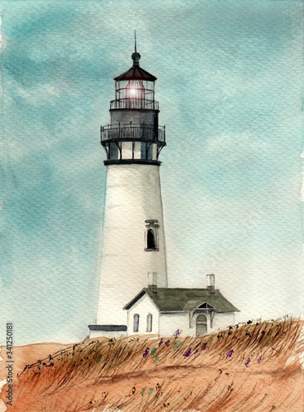 Fototapeta Watercolor picture of the Yaquina Head Lighthouse with a small house in the grass field