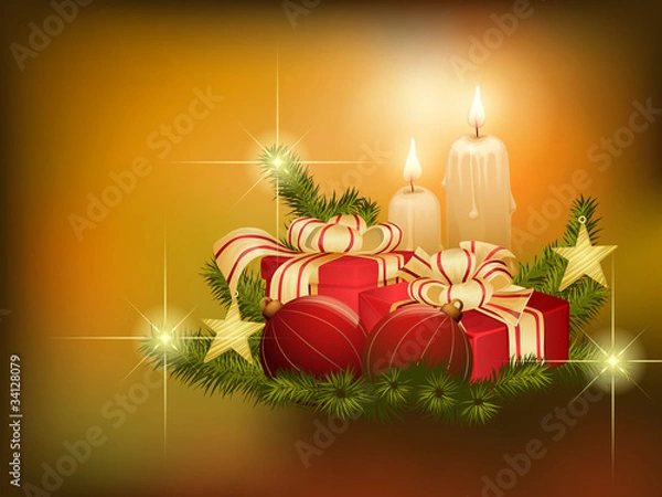 Fototapeta Christmas background with fir branches, baubles and candles
