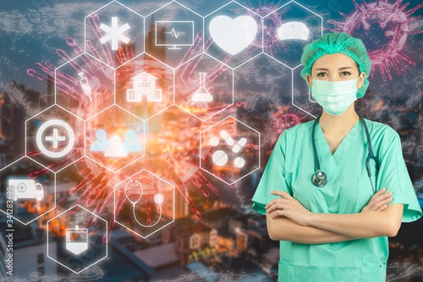 Fototapeta Medical Staff wear face mask, virus protection with innovative of futuristic medical graphic info, safe from virus outbreak for medical, wellness, healthy and technology  concept with virus 3d model