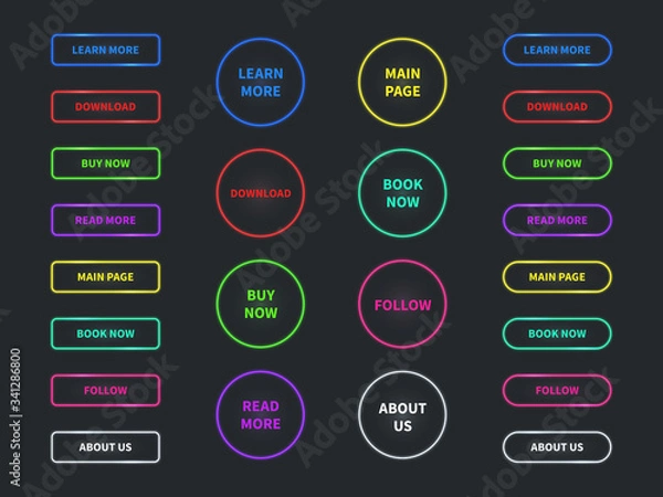 Fototapeta Web buttons. Neon glowing navigation button. Buy, now and learn, more. Download and read, labels for shop or game ui elements vector set