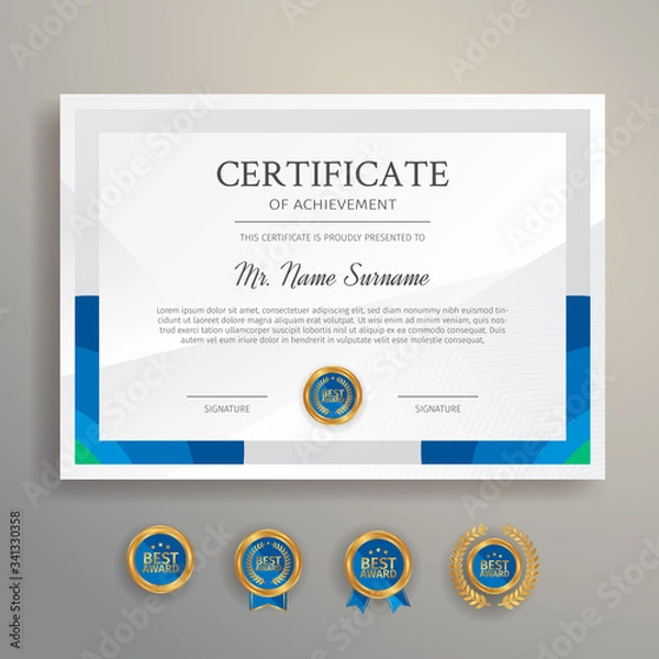 Fototapeta Blue and green certificate template border with gold badges vector for business and legal document printing