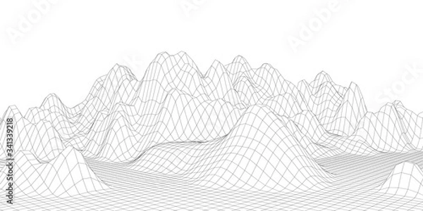 Fototapeta Wireframe landscape design on white background. Technology vector grid.