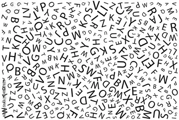 Fototapeta Letters. Abstract background. Seamless pattern. Cover design template, background, t-shirt, wrapping paper. Black letters on  white background. Isolated. Vector illustration