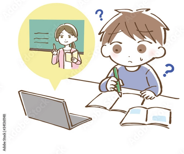 Fototapeta オンライン授業を受けているが授業が理解できていない男の子　イラスト