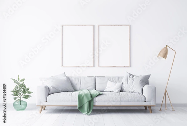 Fototapeta interior house with simple white background mock up. grey velvet sofa with green plaid on . modern space concept. 3d render. Illustration