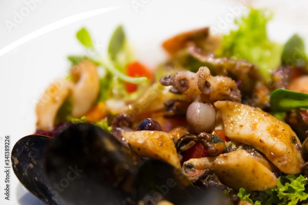 Obraz Seafood salad. Octopus close up