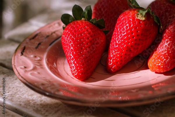Obraz Harvest strawberry on a white wooden table in the garden close up.