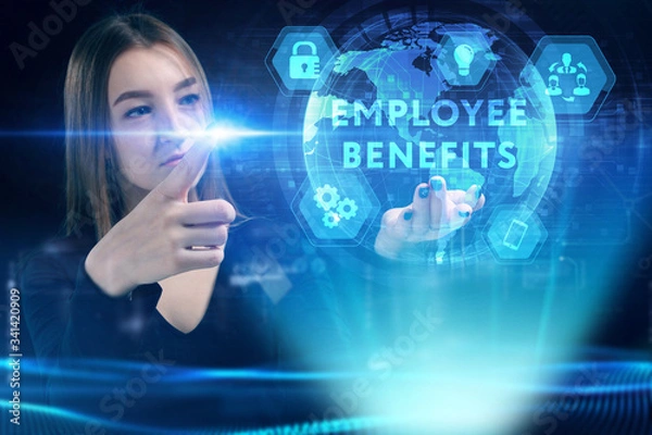 Fototapeta Business, Technology, Internet and network concept. Young businessman working on a virtual screen of the future and sees the inscription: Employee benefits
