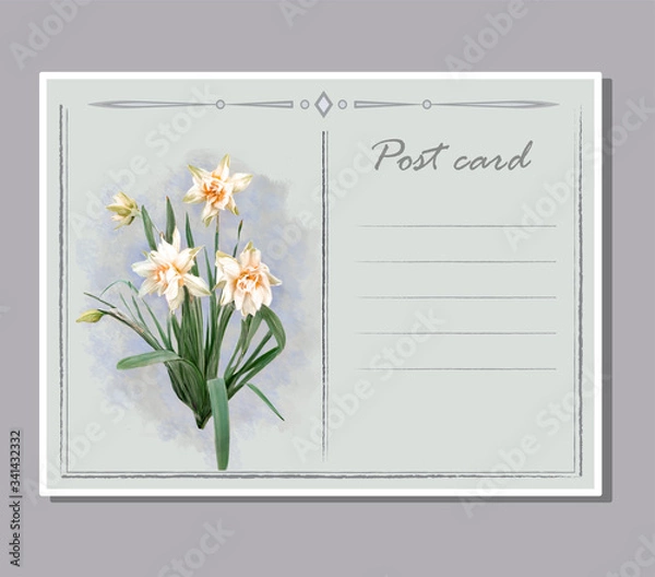 Fototapeta Post card with painted bouquet of daffodils on a blue background and an empty place for your text