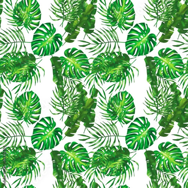 Fototapeta Green pattern with monstera palm leaves on isolated background. Seamless summer tropical fabric design.