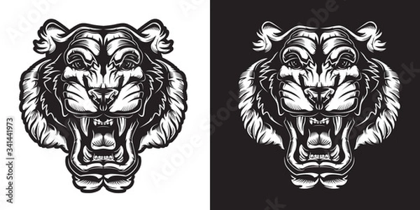 Obraz Tiger angry face tattoo. Vector illustration of big cat head. Tiger print.