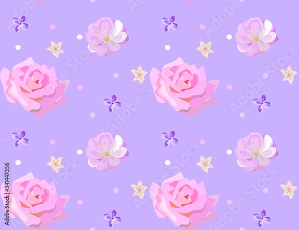 Fototapeta Seamless vector pattern:flowers are depicted on a lilac background: roses, daylilies, lilacs and decorative circles. Everything is done in delicate palette. Perfect for scrapbooking or wrapping paper.