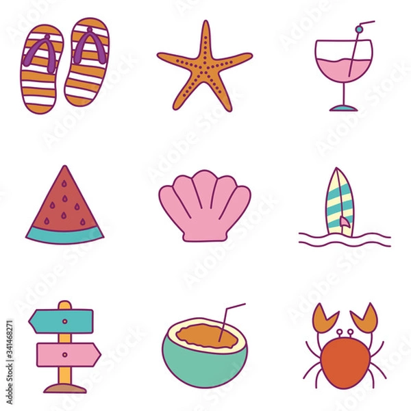 Fototapeta Summer line and fill style icon set vector design