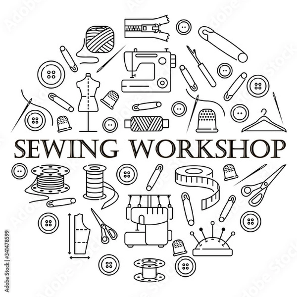 Fototapeta Circle banner with line icons of sewing. Template for sewing atelier, workshop. Clothing repair.