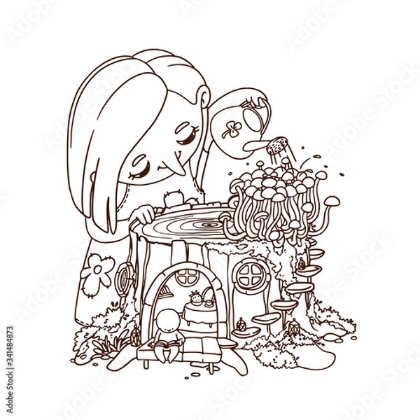 Fototapeta Hand drawn illustration of a little fairy watering mushrooms from a watering can. Vector coloring book page of a magic dreamland with elf and stump house.
